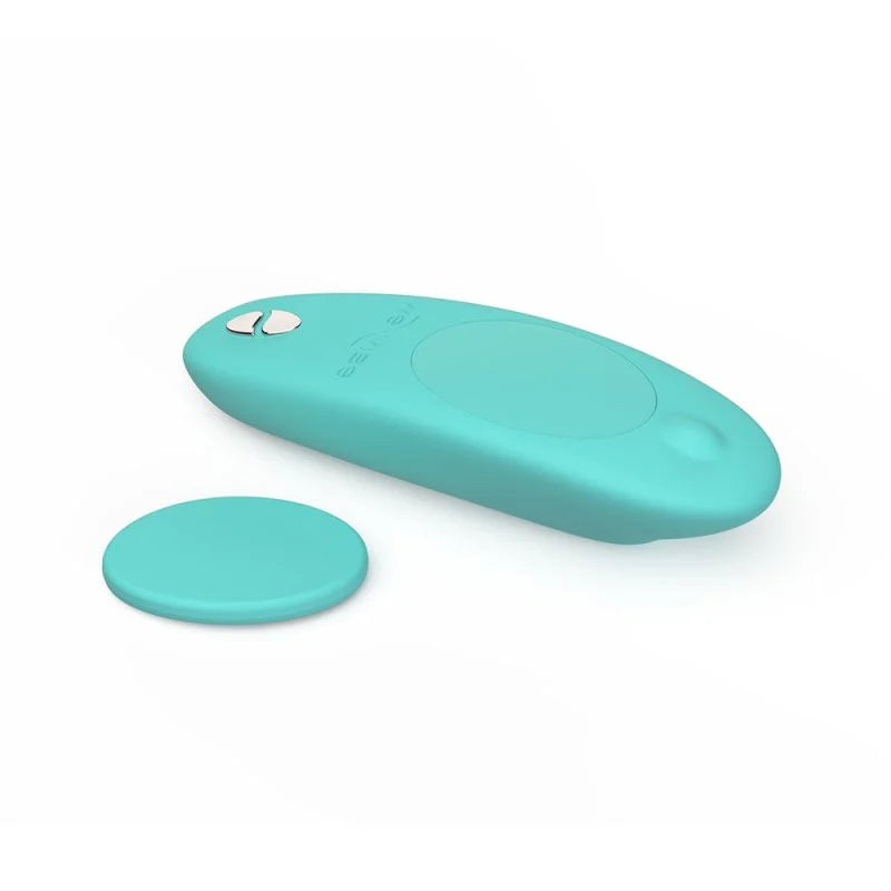 Moxie+ - Compact aqua Moxie+ clitoral vibrator held between hands with ouiboutique branding. - app, clitoridien, couple, vibrateur