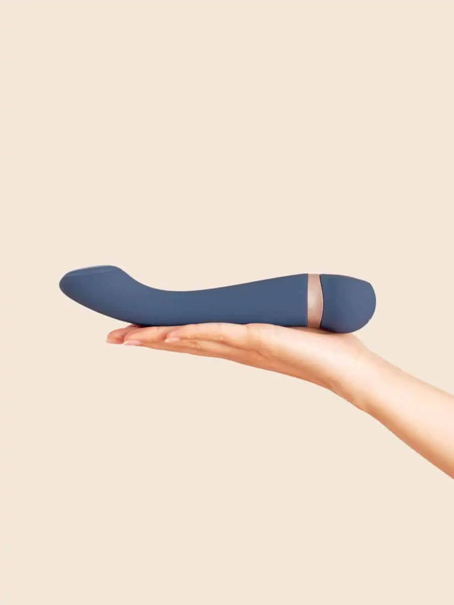 The Hot and Cold - Deia - Blue silicone Deia Hot and Cold vibrator with gold accent next to navy and gold branded ouiboutique box. - chaleur, point g, vibrateur