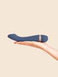 The Hot and Cold - Deia - Blue silicone Deia Hot and Cold vibrator with gold accent next to navy and gold branded ouiboutique box. - chaleur, point g, vibrateur