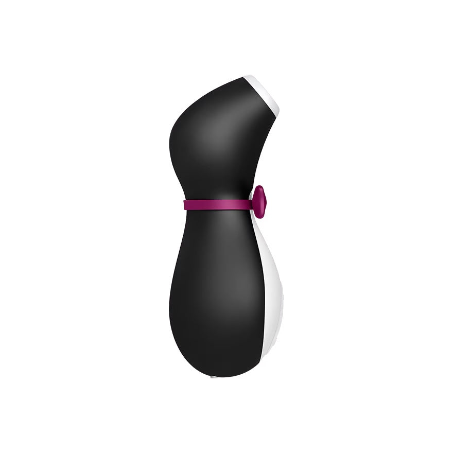 a black and white vase with a pink ribbon around it