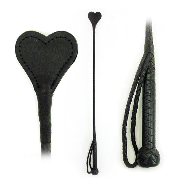 Cravache en forme de coeur en cuir 26 inch - Black 26-inch leather heart-shaped BDSM riding crop with textured handle and wrist strap, ouiboutique. - BDSM